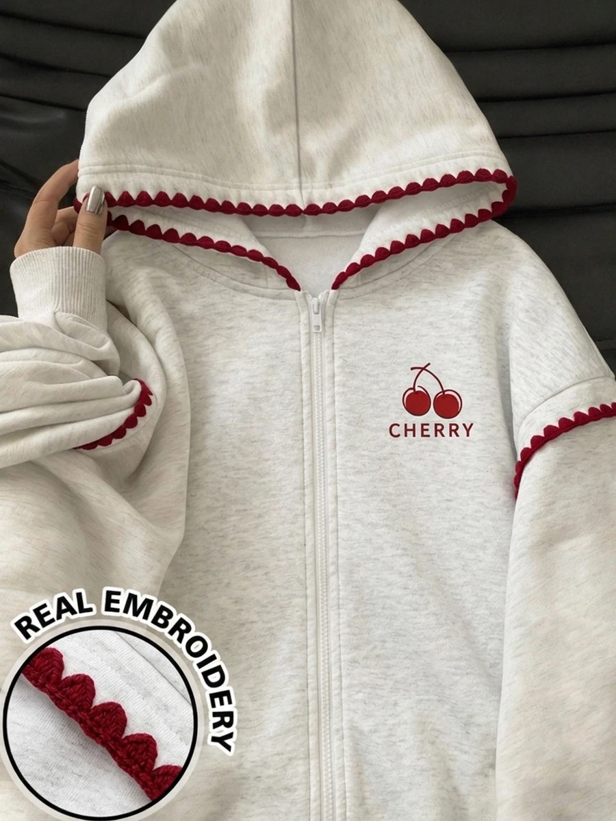 SHEIN Fall Girls' Hooded Zip-Up Jacket - Street Style Cute Mix, Warm Knitted Fabric, Slightly Oversized Fit, School Red And White Checkered - White - View 1