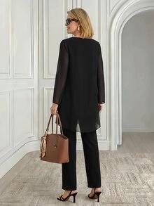 Miaspire 優雅休閒奶奶風 女款兩件套 剪裁不對稱 直筒版型 雪紡黑色 適合婚禮賓客 長輩正式派對 節慶 秋季 - 黑色 - 查看 2