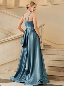 Anewsta Affair Women's Satin Spaghetti Strap Full Skirt Evening Dress - Dusty Blue - View 2