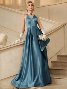 Anewsta Affair Women's Satin Spaghetti Strap Full Skirt Evening Dress - Dusty Blue - View 4