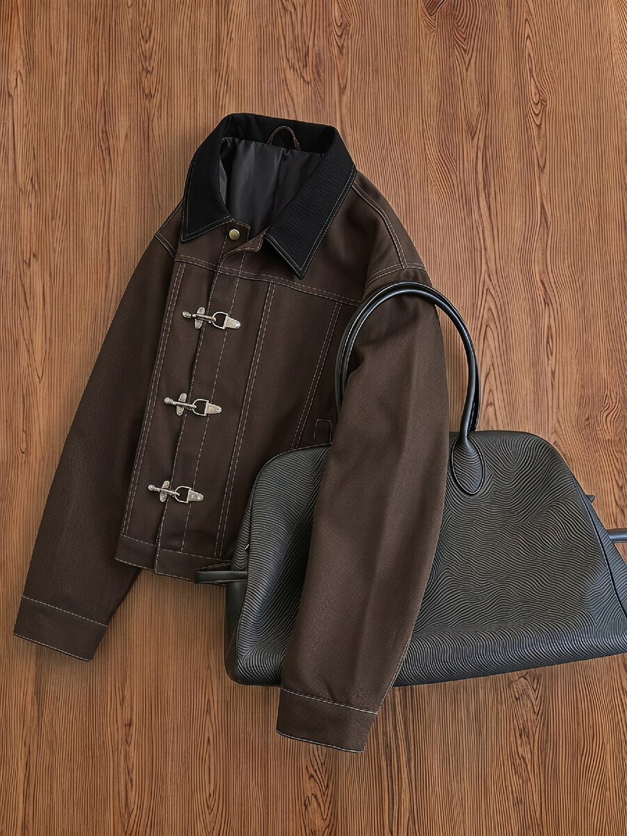 SWAVVY Men's Colorblock Lapel Long Sleeve Button-Up Jacket - Brown - View 1