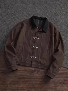SWAVVY Men's Colorblock Lapel Long Sleeve Button-Up Jacket - Brown - View 7