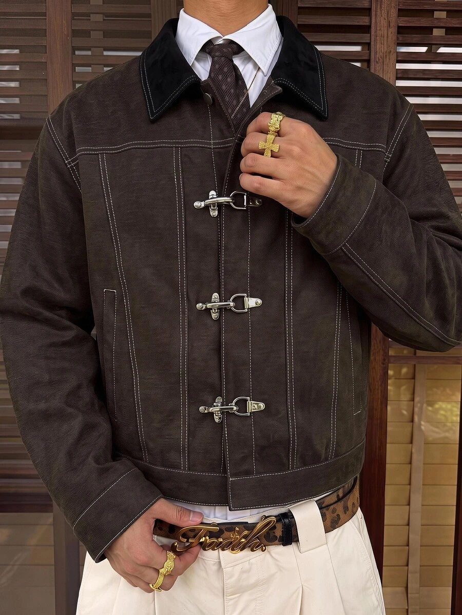 SWAVVY Men's Colorblock Lapel Long Sleeve Button-Up Jacket - Brown - View 1