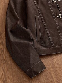 SWAVVY Men's Colorblock Lapel Long Sleeve Button-Up Jacket - Brown - View 6