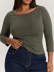 SHEIN BAE CURVE Plus Size Women's Casual Loose Fit Olive Green Fitted Boat Neck 3/4 Sleeve Top, Cotton Blend T-Shirt, Fall, Halloween Office Homewear - Dark Green - View 2
