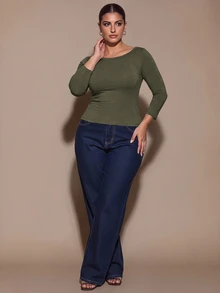 SHEIN BAE CURVE Plus Size Women's Casual Loose Fit Olive Green Fitted Boat Neck 3/4 Sleeve Top, Cotton Blend T-Shirt, Fall, Halloween Office Homewear - Dark Green - View 5