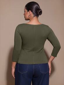 SHEIN BAE CURVE Plus Size Women's Casual Loose Fit Olive Green Fitted Boat Neck 3/4 Sleeve Top, Cotton Blend T-Shirt, Fall, Halloween Office Homewear - Dark Green - View 6