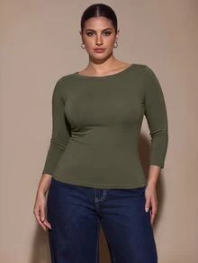 SHEIN BAE CURVE Plus Size Women's Casual Loose Fit Olive Green Fitted Boat Neck 3/4 Sleeve Top, Cotton Blend T-Shirt, Fall, Halloween Office Homewear - Dark Green - View 7