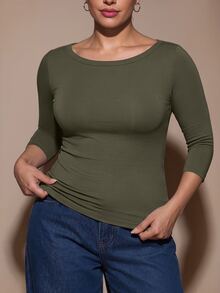 SHEIN BAE CURVE Plus Size Women's Casual Loose Fit Olive Green Fitted Boat Neck 3/4 Sleeve Top, Cotton Blend T-Shirt, Fall, Halloween Office Homewear - Dark Green - View 1