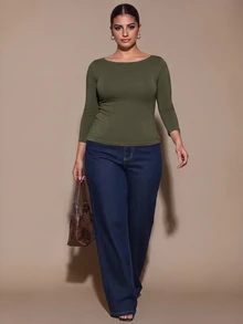 SHEIN BAE CURVE Plus Size Women's Casual Loose Fit Olive Green Fitted Boat Neck 3/4 Sleeve Top, Cotton Blend T-Shirt, Fall, Halloween Office Homewear - Dark Green - View 3