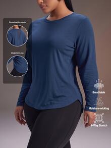 Powerista Women Plus Size Navy Blue Solid Color Casual Daily Long Sleeve Tee Mesh Panel Back Round Neck Breathable Sports Top Active Wear Breathable Fabric Fall - Navy Blue - View 9