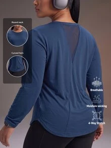 Powerista Women Plus Size Navy Blue Solid Color Casual Daily Long Sleeve Tee Mesh Panel Back Round Neck Breathable Sports Top Active Wear Breathable Fabric Fall - Navy Blue - View 2