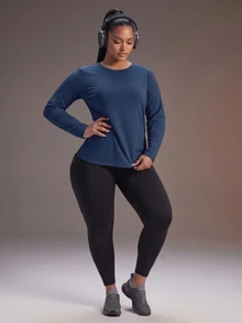 Powerista Women Plus Size Navy Blue Solid Color Casual Daily Long Sleeve Tee Mesh Panel Back Round Neck Breathable Sports Top Active Wear Breathable Fabric Fall - Navy Blue - View 3