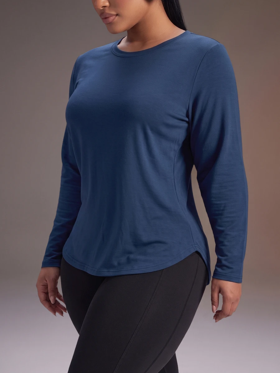 Powerista Women Plus Size Navy Blue Solid Color Casual Daily Long Sleeve Tee Mesh Panel Back Round Neck Breathable Sports Top Active Wear Breathable Fabric Fall - Navy Blue - View 1