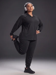 Powerista Plus Size Women's Lightweight Black Solid Color Casual Daily Travel Sports Jacket With Zip-Up Hoodie For Gym And Outdoor Sports Fall - Black - View 7