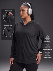 Powerista Plus Size Women's Lightweight Black Solid Color Casual Daily Travel Sports Jacket With Zip-Up Hoodie For Gym And Outdoor Sports Fall - Black - View 2
