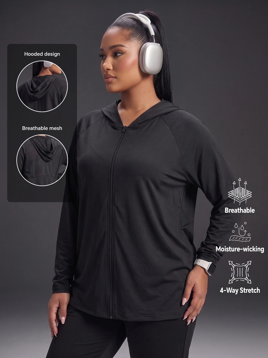 Powerista Plus Size Women's Lightweight Black Solid Color Casual Daily Travel Sports Jacket With Zip-Up Hoodie For Gym And Outdoor Sports Fall