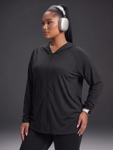 Powerista Plus Size Women's Lightweight Black Solid Color Casual Daily Travel Sports Jacket With Zip-Up Hoodie For Gym And Outdoor Sports Fall - Black - View 9