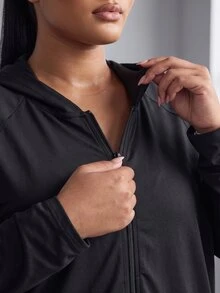 Powerista Plus Size Women's Lightweight Black Solid Color Casual Daily Travel Sports Jacket With Zip-Up Hoodie For Gym And Outdoor Sports Fall - Black - View 4