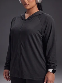 Powerista Plus Size Women's Lightweight Black Solid Color Casual Daily Travel Sports Jacket With Zip-Up Hoodie For Gym And Outdoor Sports Fall - Black - View 5