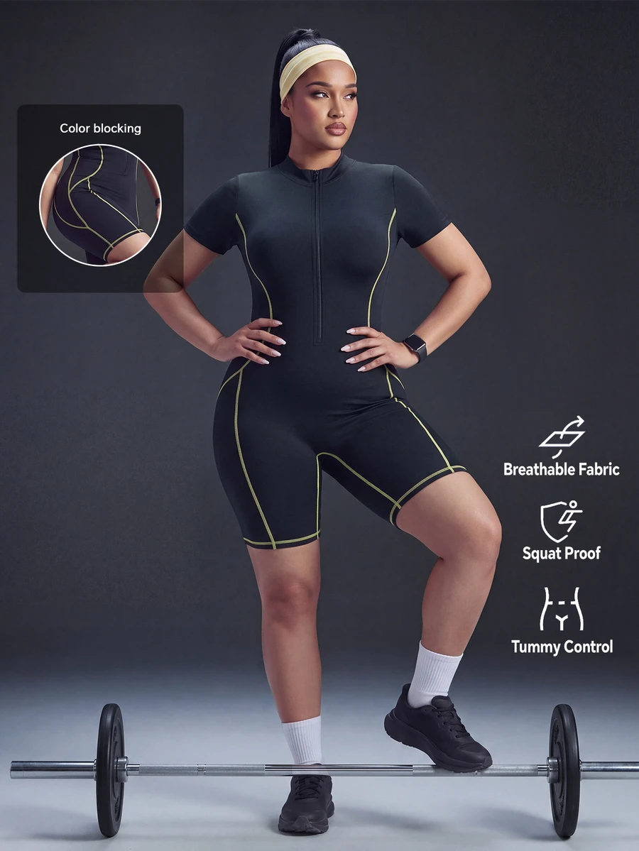 Powerista Performance Enhancing Women's Plus Size Black Sports Set With Short Sleeves And Contrast Stitching For Active Lifestyles Gym Summer Tropical