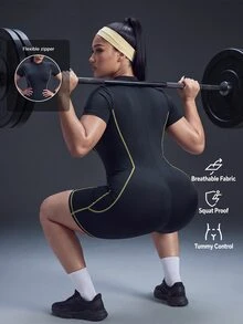 Powerista Performance Enhancing Women's Plus Size Black Sports Set With Short Sleeves And Contrast Stitching For Active Lifestyles Gym Summer Tropical - Black - View 3