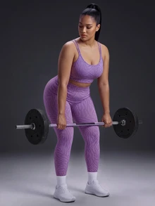Powerista Women's Plus Size Zebra-Print Cropped Top And High-Waisted Leggings Casual Daily Sports Set Suitable For Gym Workouts,Running, Featuring Tummy Control - Lilac Purple - View 8