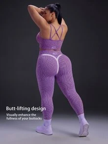 Powerista Women's Plus Size Zebra-Print Cropped Top And High-Waisted Leggings Casual Daily Sports Set Suitable For Gym Workouts,Running, Featuring Tummy Control - Lilac Purple - View 4