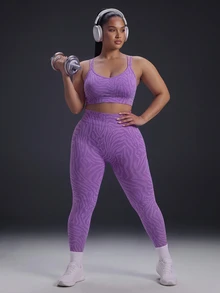 Powerista Women's Plus Size Zebra-Print Cropped Top And High-Waisted Leggings Casual Daily Sports Set Suitable For Gym Workouts,Running, Featuring Tummy Control - Lilac Purple - View 5