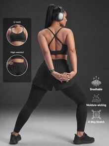 Powerista Women's Plus Size Black X-Back Sports Bra And Leggings Set With 2 N 1 Leggings Overlay Active Wear For Gym Workouts Running Summer Tropical Kawaii - Black - View 3