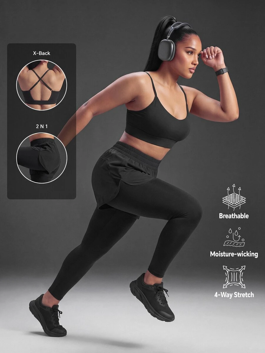 Powerista Women's Plus Size Black X-Back Sports Bra And Leggings Set With 2 N 1 Leggings Overlay Active Wear For Gym Workouts Running Summer Tropical Kawaii