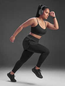 Powerista Women's Plus Size Black X-Back Sports Bra And Leggings Set With 2 N 1 Leggings Overlay Active Wear For Gym Workouts Running Summer Tropical Kawaii - Black - View 7
