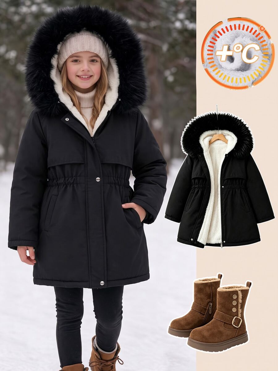 SHEIN Elladie kids 青少年女孩毛皮飾邊連帽派克夾克 抓絨內裡彈性腰部 冬季保暖外套 學生款 黑白配色 簡約可愛圖案