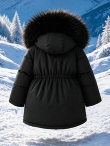 SHEIN Elladie kids 青少年女孩毛皮飾邊連帽派克夾克 抓絨內裡彈性腰部 冬季保暖外套 學生款 黑白配色 簡約可愛圖案 - 黑色 - 查看 3