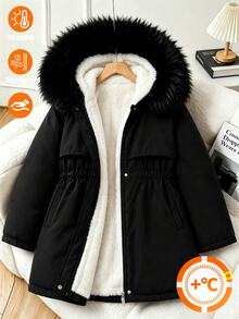 SHEIN Elladie kids 青少年女孩毛皮飾邊連帽派克夾克 抓絨內裡彈性腰部 冬季保暖外套 學生款 黑白配色 簡約可愛圖案 - 黑色 - 查看 9