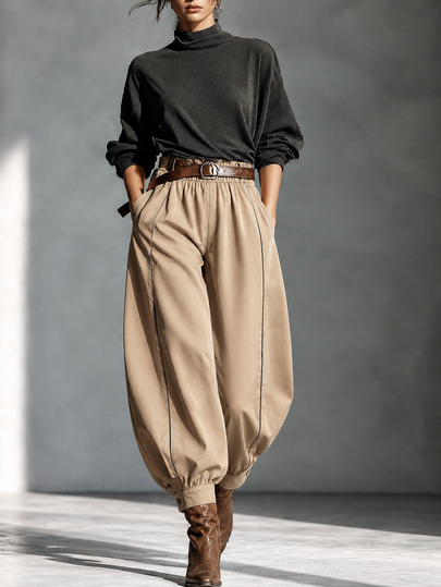 SHEIN Pantalon ballon élégant et décontracté pour femme, style commuter automne/hiver, pantalon long beige à carreaux pour bureau, travail, rendez-vous, brunch et quotidien