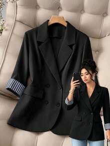 GlowEve CURVE Plus Size Women's Spring/Summer Thin Double-Breasted Blazer, Contrast Stripe Patchwork Cuff Casual Commuter Blazer - Black - View 1