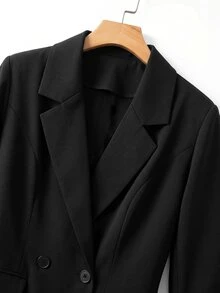 GlowEve CURVE Plus Size Women's Spring/Summer Thin Double-Breasted Blazer, Contrast Stripe Patchwork Cuff Casual Commuter Blazer - Black - View 4