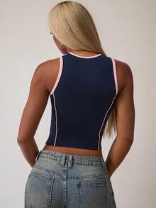 SHEIN BAE Atasan Leher Bulat Blok Warna Biru Tua dan Merah Muda/Atasan Y2K/Atasan Lucu/Atasan Kasual/Atasan Biru/Atasan untuk Pergi Keluar/Atasan Dasar untuk Wanita/Atasan Bahu Terbuka/ - Navy Blue - View 6