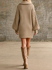 SHEIN Fall Winter Mead Tone Oat Cable Knit Half Zip Collar Straight Mini Sweater Dress - Khaki - View 2