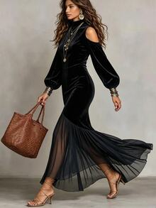 LUMIGAL Fall/Winter New Velvet High Neck Open Shoulder Puff Patchwork Chiffon Asymmetrical Fishtail Dress - Black - View 4