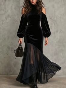 LUMIGAL Fall/Winter New Velvet High Neck Open Shoulder Puff Patchwork Chiffon Asymmetrical Fishtail Dress - Black - View 2