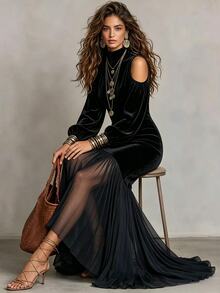 LUMIGAL Fall/Winter New Velvet High Neck Open Shoulder Puff Patchwork Chiffon Asymmetrical Fishtail Dress - Black - View 6