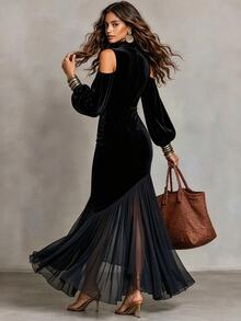 LUMIGAL Fall/Winter New Velvet High Neck Open Shoulder Puff Patchwork Chiffon Asymmetrical Fishtail Dress - Black - View 3