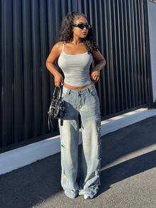 Alexandranx Women's Fashion Casual Street Distressed Retro Vintage Straight Leg Jeans - Medium Wash - View 5