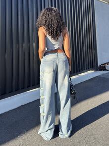 Alexandranx Women's Fashion Casual Street Distressed Retro Vintage Straight Leg Jeans - Medium Wash - View 2