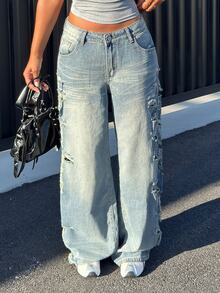 Alexandranx Women's Fashion Casual Street Distressed Retro Vintage Straight Leg Jeans - Medium Wash - View 6