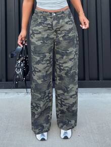 Alexandranx Women's Camouflage Pattern Elastic Waistband Winter Jeans Party Streetwear Jeans - Army Green - View 7