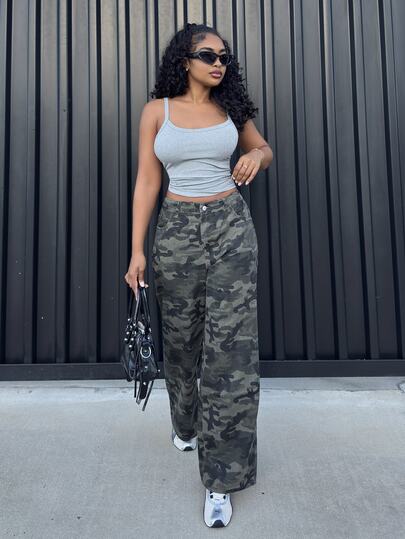 Alexandranx Blugi de iarnă pentru femei cu model camuflaj, talie elastică, pentru petreceri și streetwear