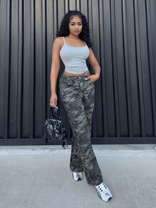 Alexandranx Women's Camouflage Pattern Elastic Waistband Winter Jeans Party Streetwear Jeans - Army Green - View 6